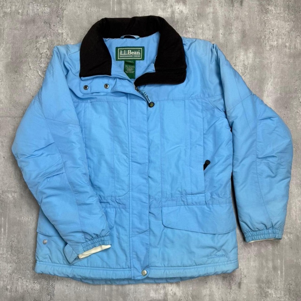 Vintage LL Bean Puffer Jacket Light Blue Black Collar Women M Petite Ski Coat